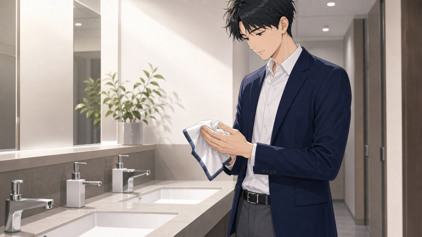 手洗い後にハンカチで手を拭く男性のアニメイラスト