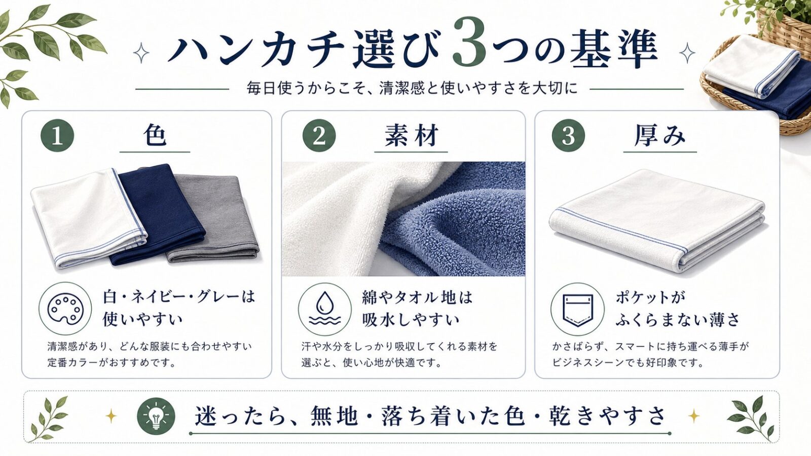 メンズハンカチ選びの色、素材、厚みをまとめた日本語図解