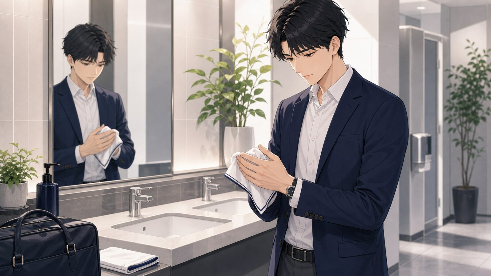 手洗い後にハンカチで手を拭く男性の清潔感を示すアニメイラスト