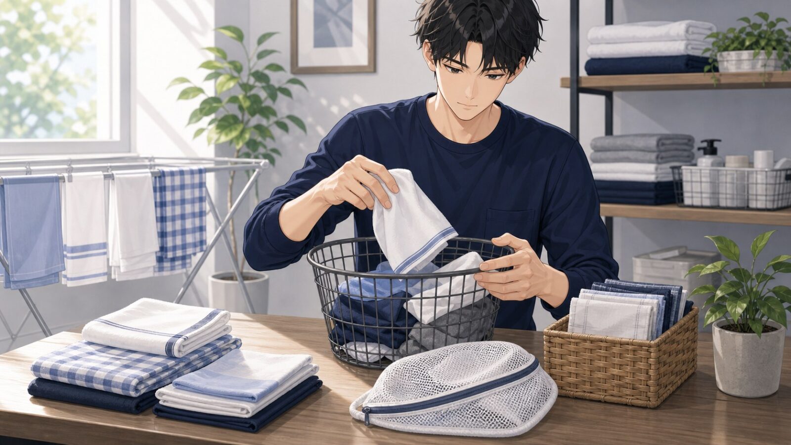 使ったハンカチを洗濯かごに入れて清潔に管理する男性のアニメイラスト