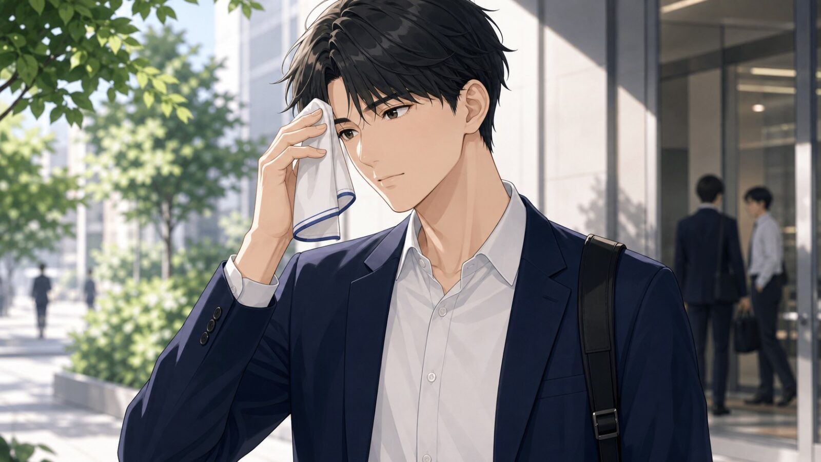 外出先でハンカチを使って汗を軽く押さえる男性のアニメイラスト