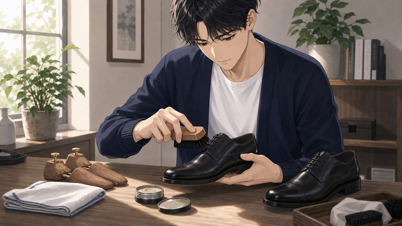 革靴のホコリをブラシでやさしく落とす男性のアニメイラスト
