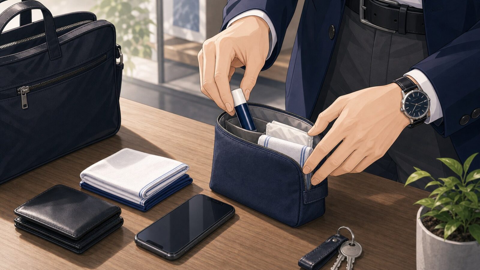 リップクリームを小さなポーチに清潔に入れる男性のアニメイラスト