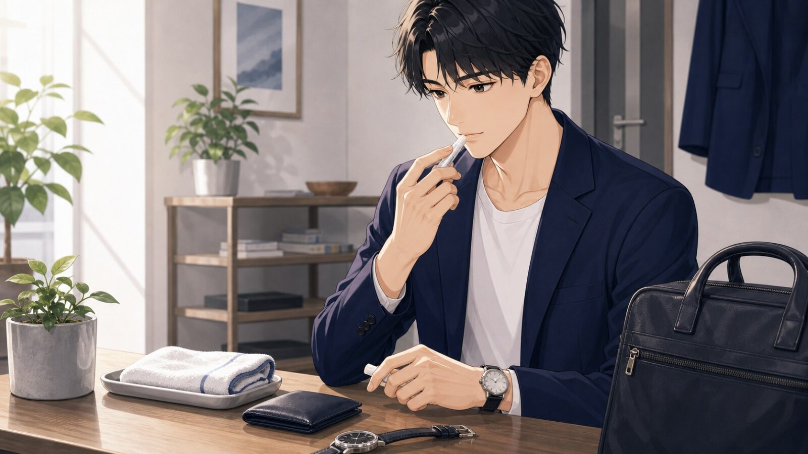 朝の外出前にリップクリームを薄く塗る男性のアニメイラスト