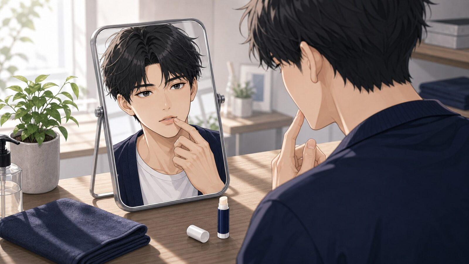 鏡で唇の乾燥を確認する男性とリップクリームのアニメイラスト