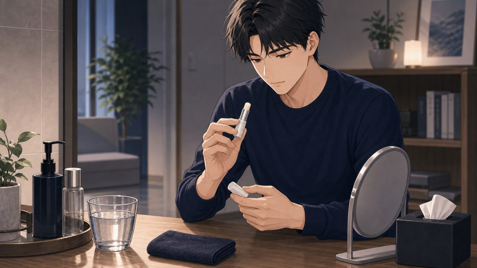 刺激を避けてシンプルなリップケアを選ぶ男性のアニメイラスト