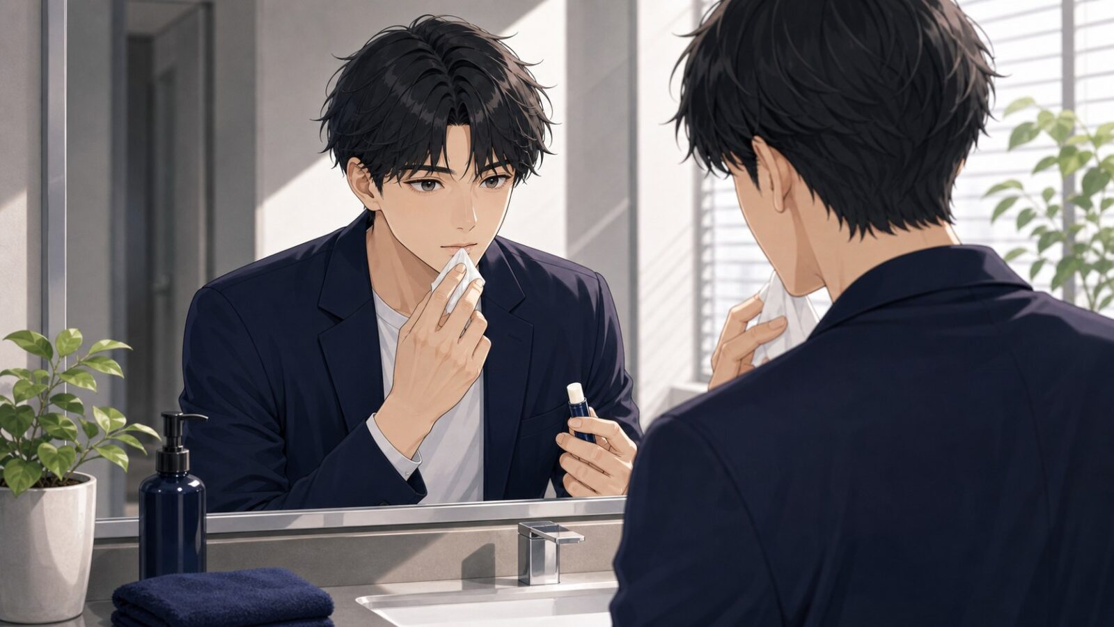 リップクリームを塗ったあと自然な仕上がりを確認する男性のアニメイラスト