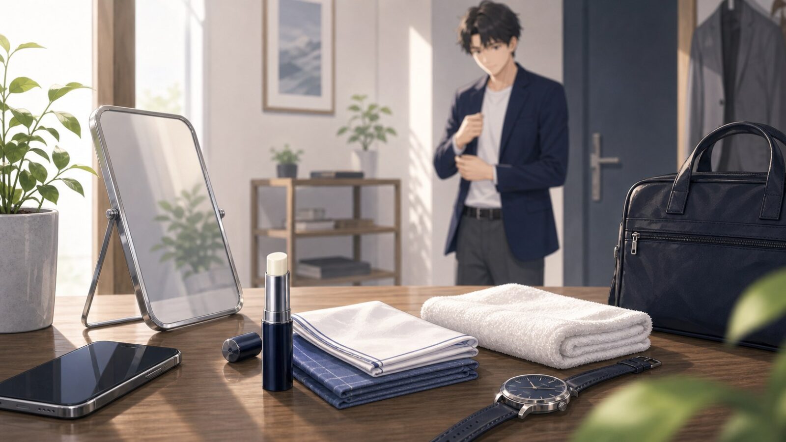 リップクリームやハンカチなど顔まわりの清潔感を整える小物のアニメイラスト