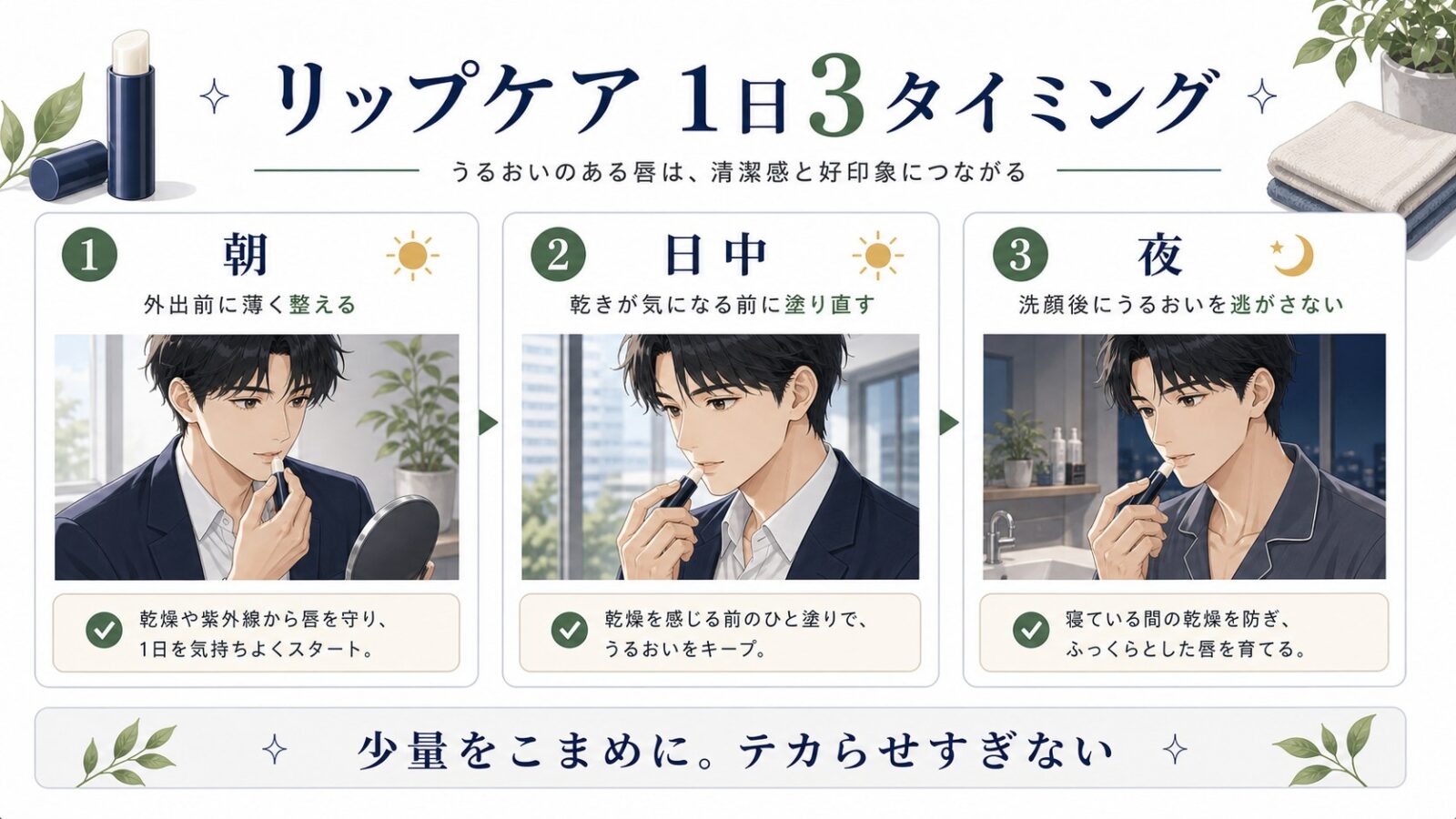 朝、日中、夜のリップケアタイミングをまとめた日本語図解
