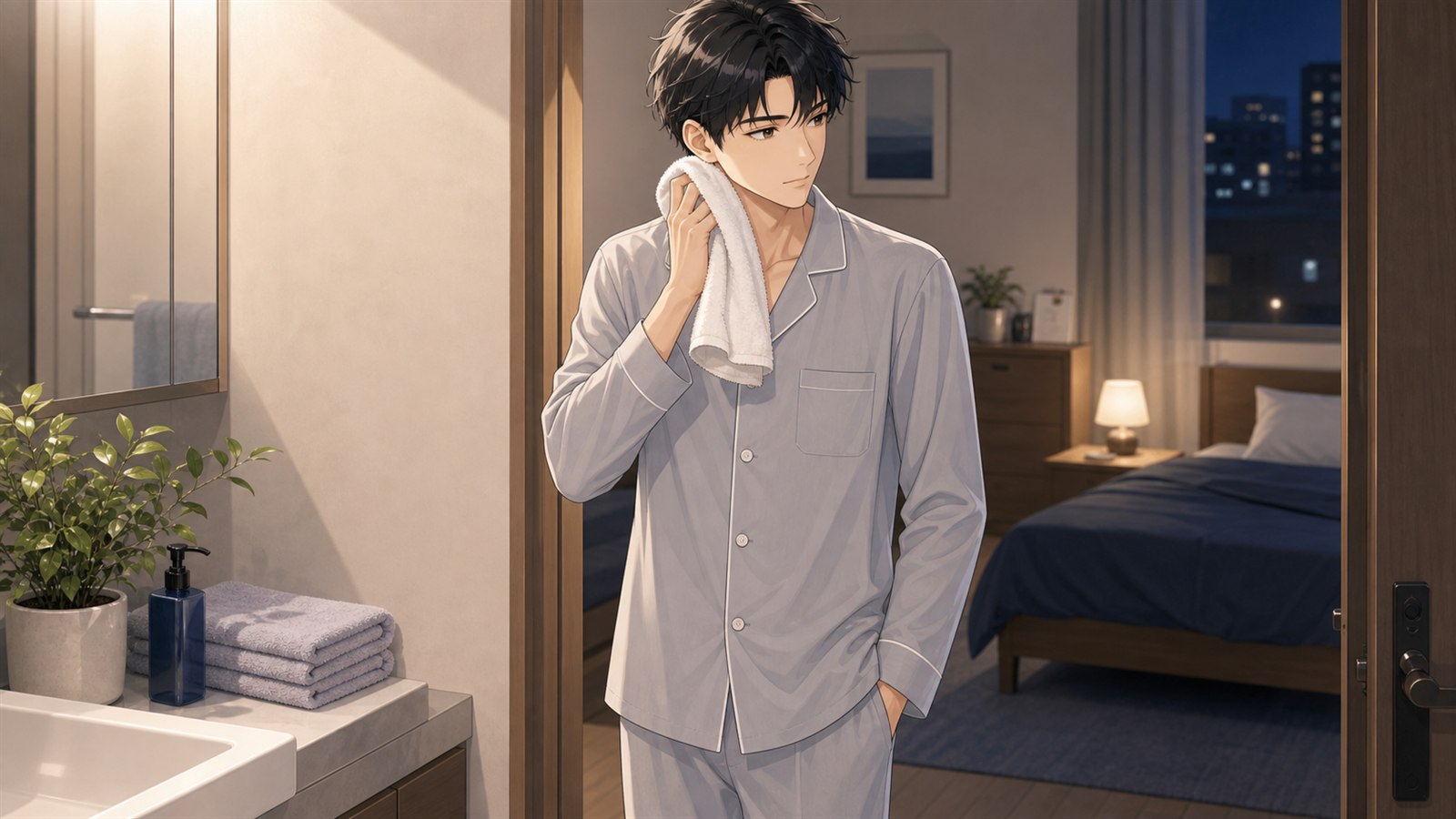 ふろ上がりにパジャマで首元の汗をタオルでおさえる男性のイラスト