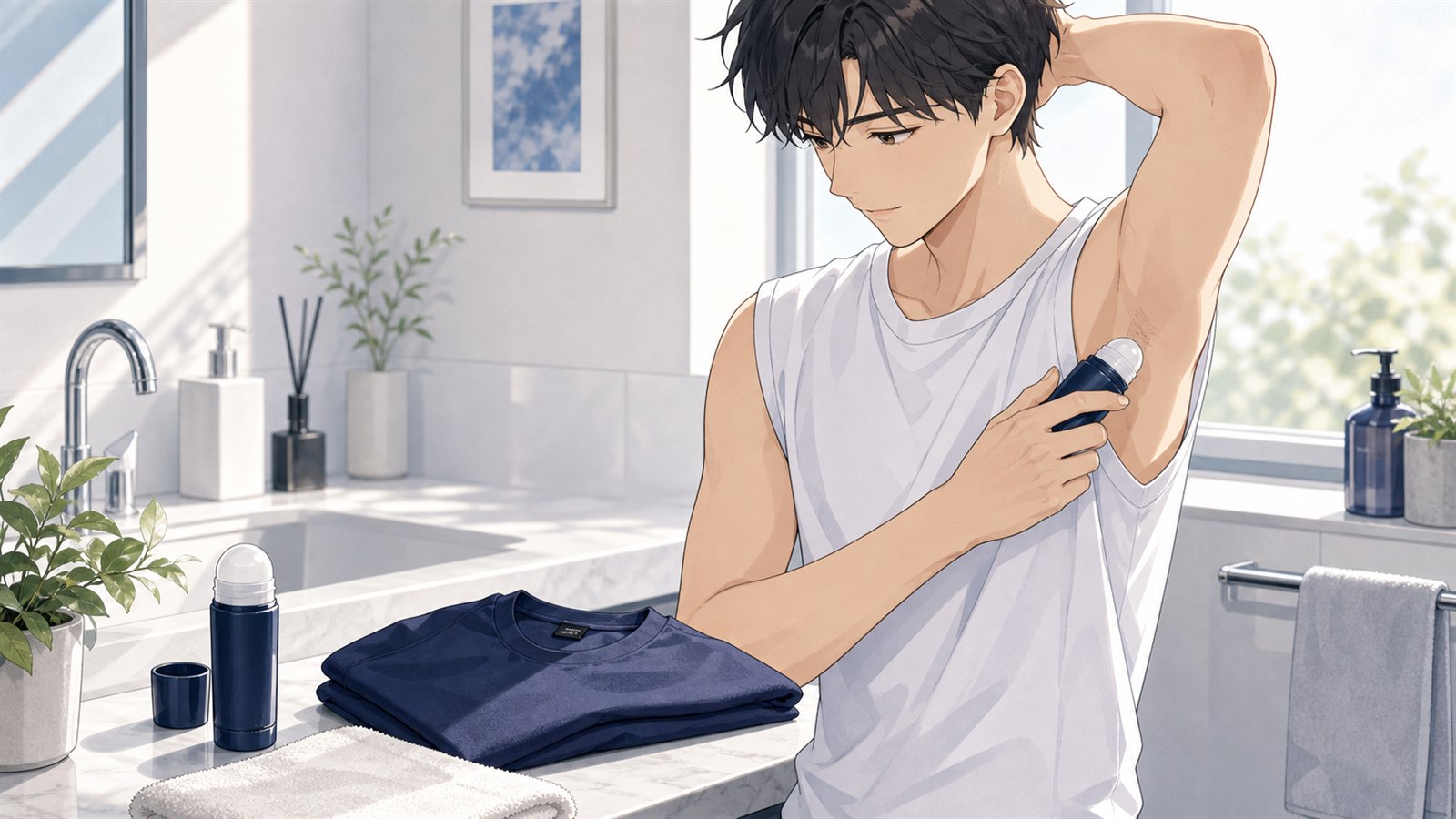 メンズ制汗剤を汗をかく前に使う男性のイラスト