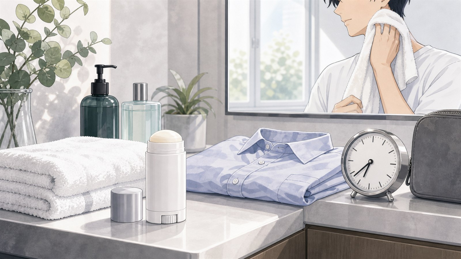 朝の乾いた肌にメンズ制汗剤を使う準備をした洗面台のイラスト