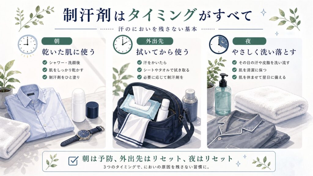 メンズ制汗剤を朝・外出先・夜でいつ使うかまとめた日本語図解