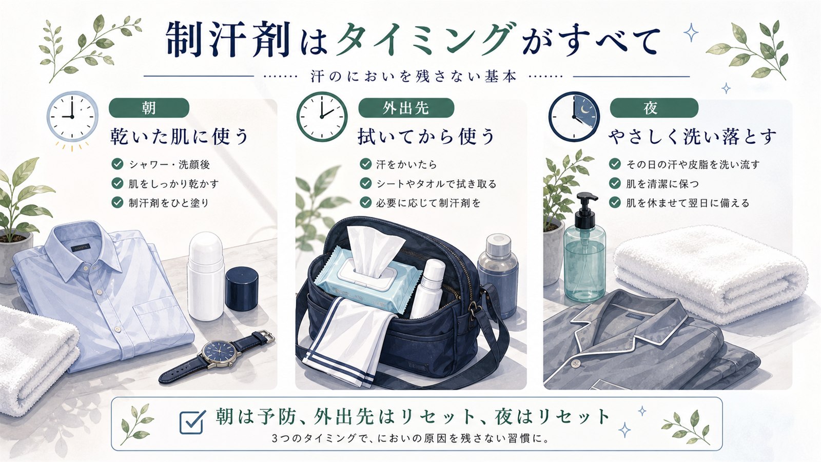 メンズ制汗剤を朝・外出先・夜でいつ使うかまとめた日本語図解