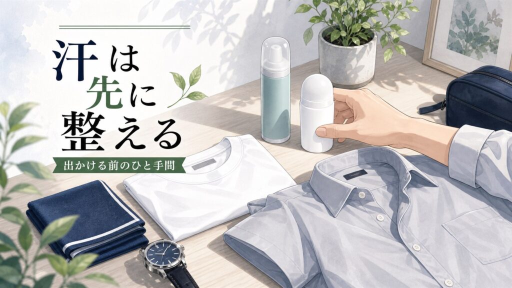 メンズ制汗剤をいつ使うかを伝える汗ケア用品のアイキャッチ画像
