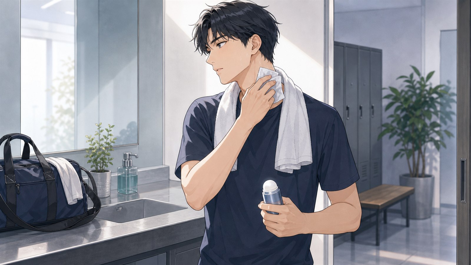 外出先で汗を拭いてからメンズ制汗剤を使い直す男性のイラスト