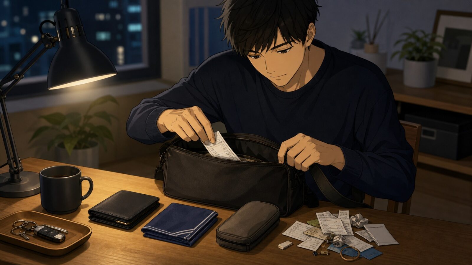 夜にバッグの中身からレシートや不要な物を出して整理する男性