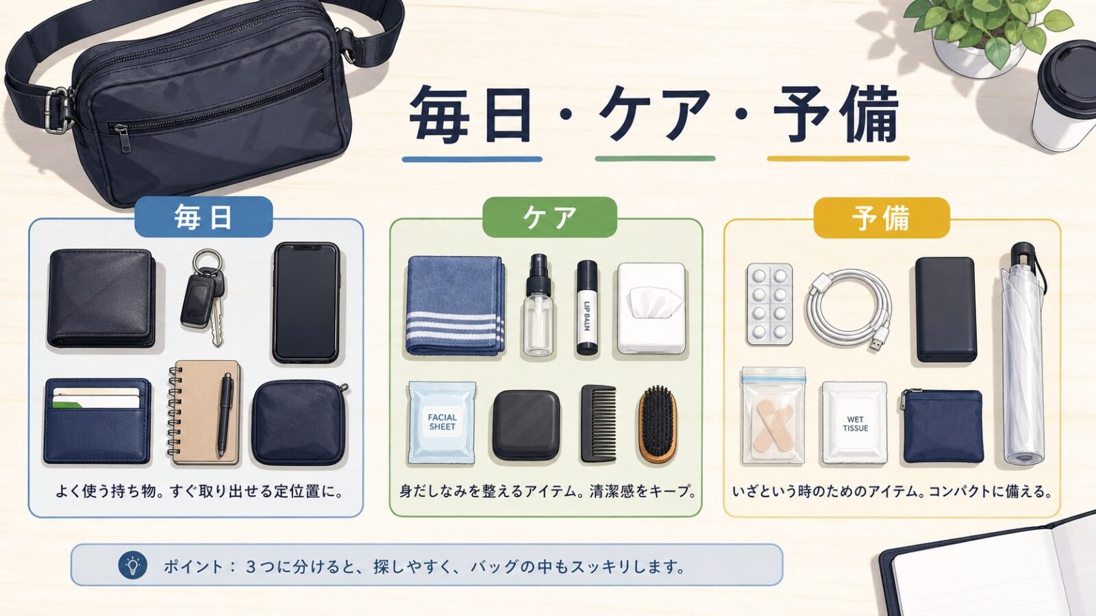 バッグの中身を毎日使う物、ケア用品、予備に分ける図解