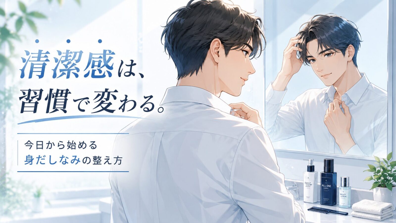 清潔感のある男性が鏡の前で髪と服装を整えるアイキャッチ画像