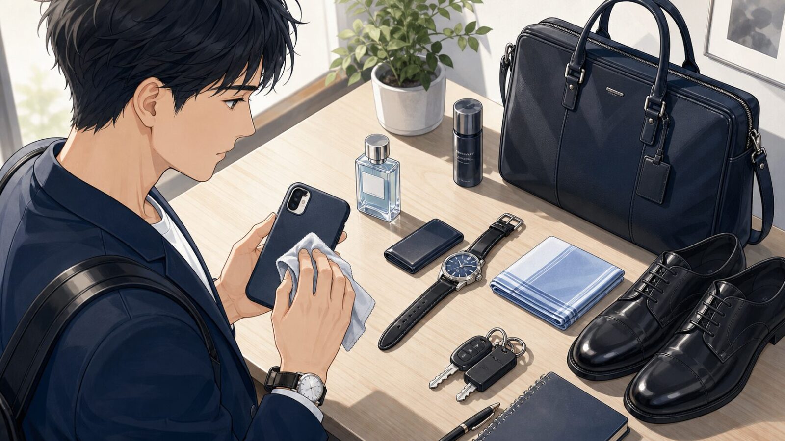 男性がバッグや靴やスマホなど持ち物を確認するイメージ