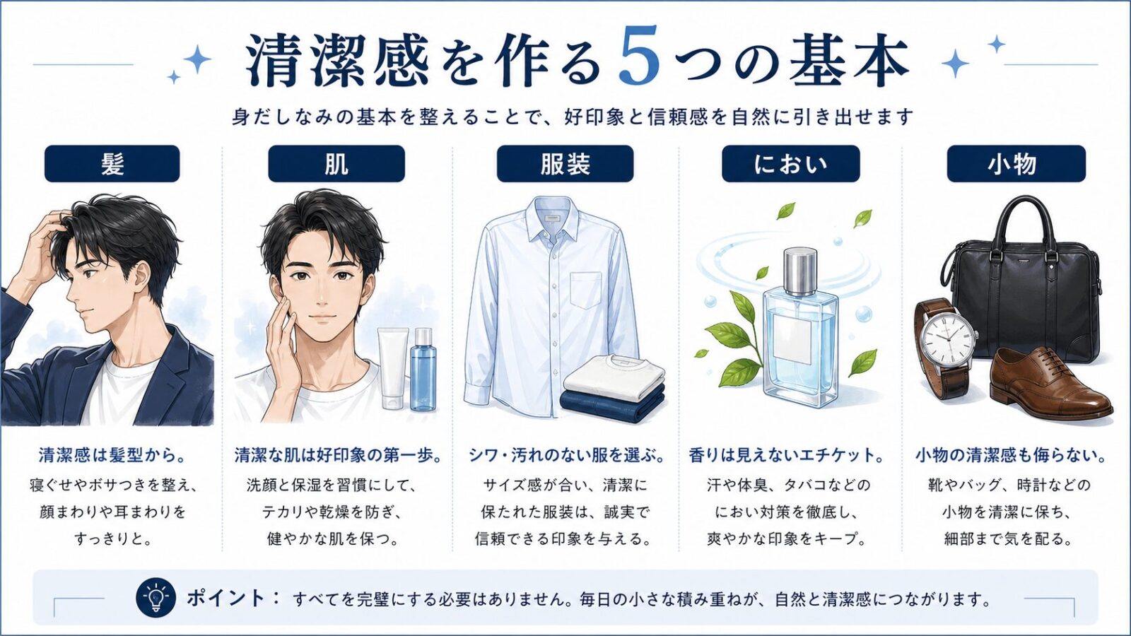 清潔感を作る髪型・肌・服装・におい・小物の基本をまとめた図解