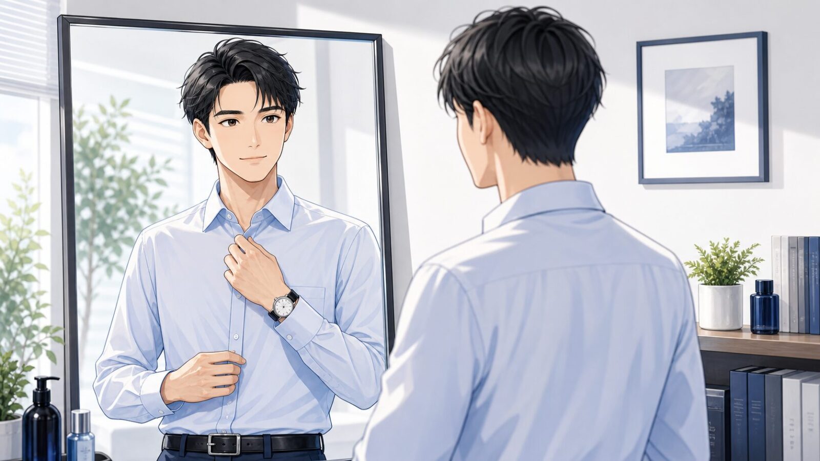 清潔感のある男性が鏡の前で身だしなみを整えるイメージ