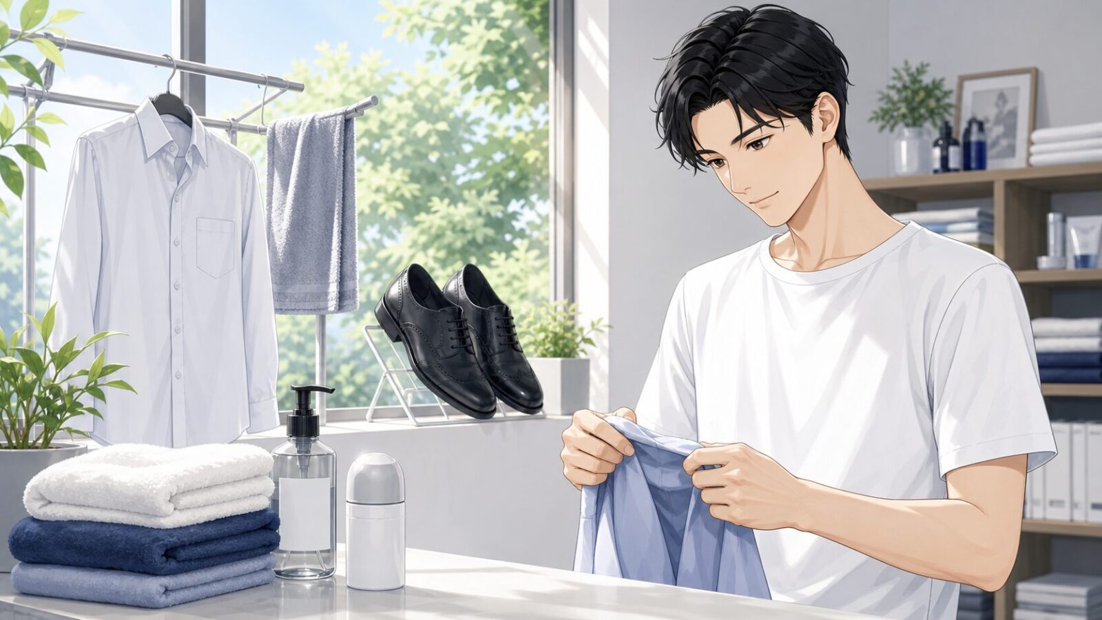 服や靴やタオルを整えてにおいの原因を減らすイメージ