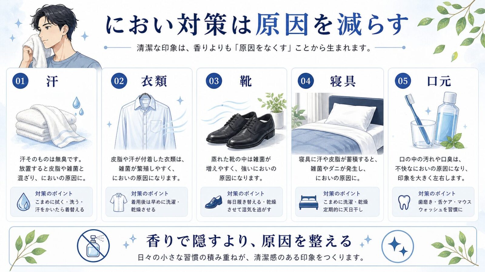 におい対策で見直したい汗・衣類・靴・寝具・口元の原因をまとめた図解