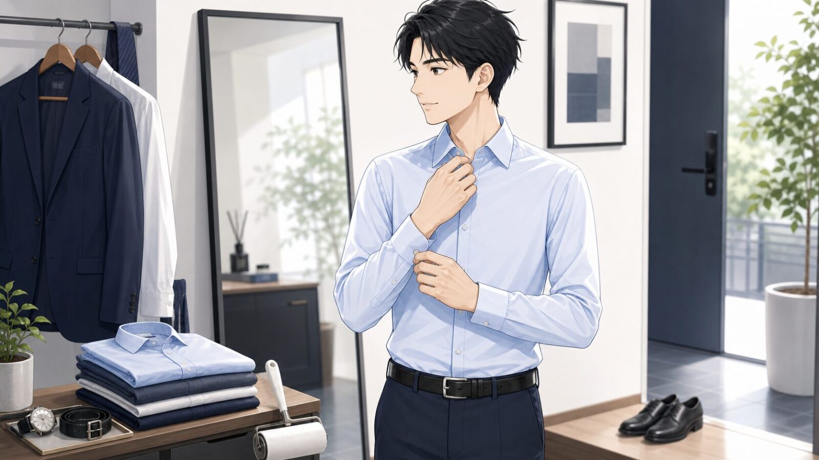 男性が外出前に服装のシワやサイズ感を確認するイメージ