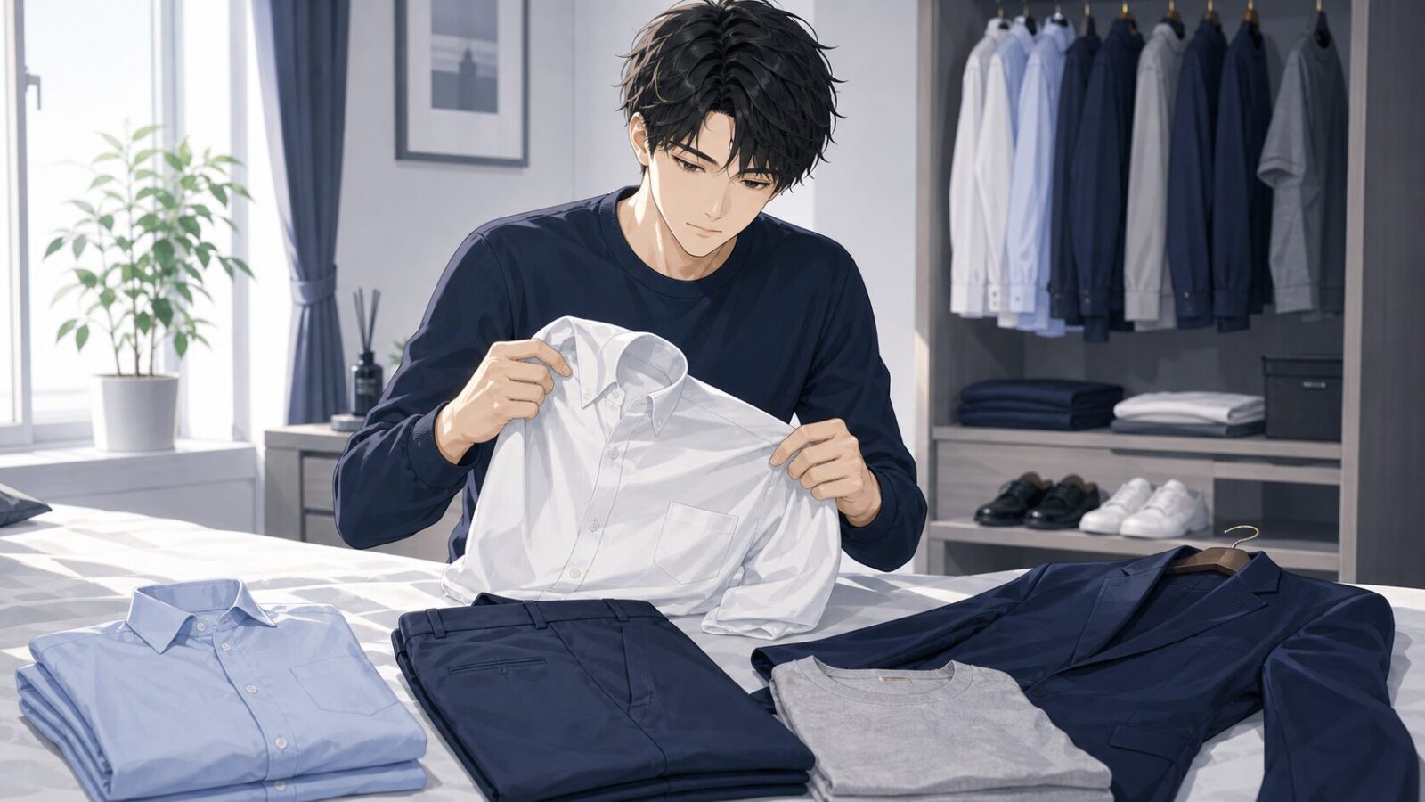 手持ちの服を広げてサイズ感を見直す男性