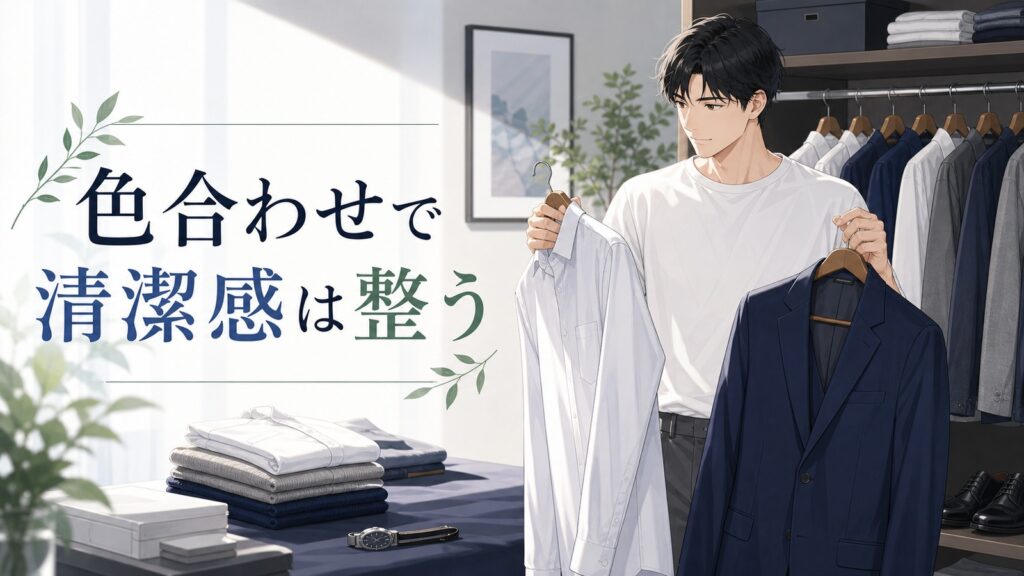 白シャツとネイビージャケットを選びながら色合わせで清潔感を整える男性のイラスト