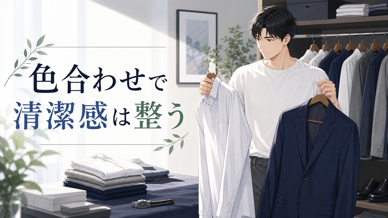白シャツとネイビージャケットを選びながら色合わせで清潔感を整える男性のイラスト