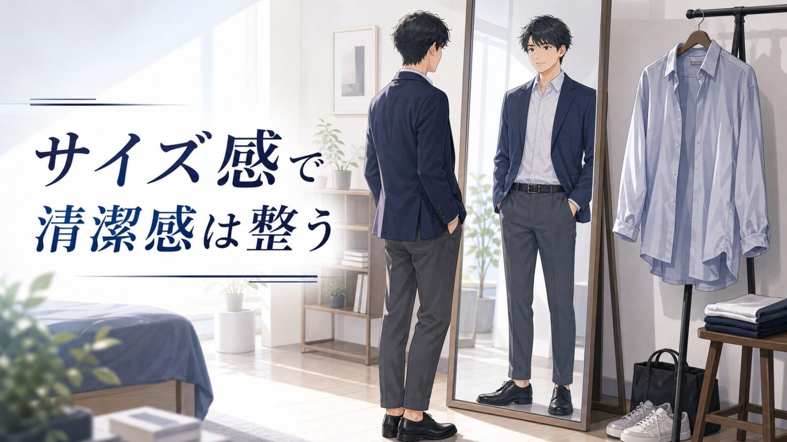 鏡の前で服のサイズ感を確認する清潔感のある男性のイラスト
