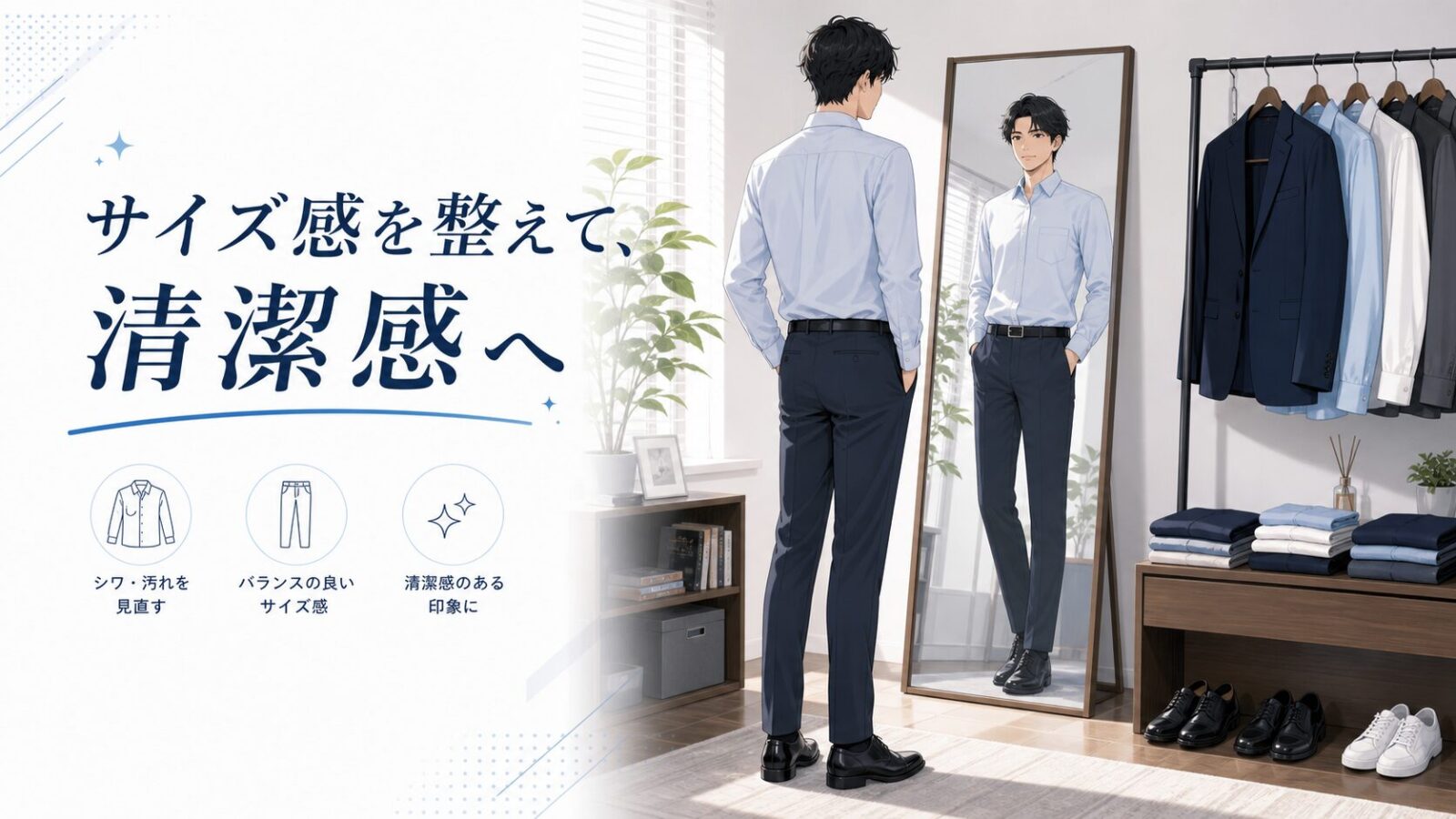 全身鏡で服のサイズ感を確認する清潔感のある男性のまとめイメージ