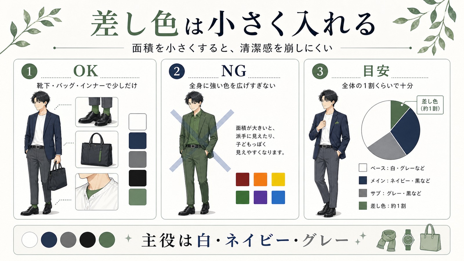 差し色は小さく入れることを説明する日本語図解