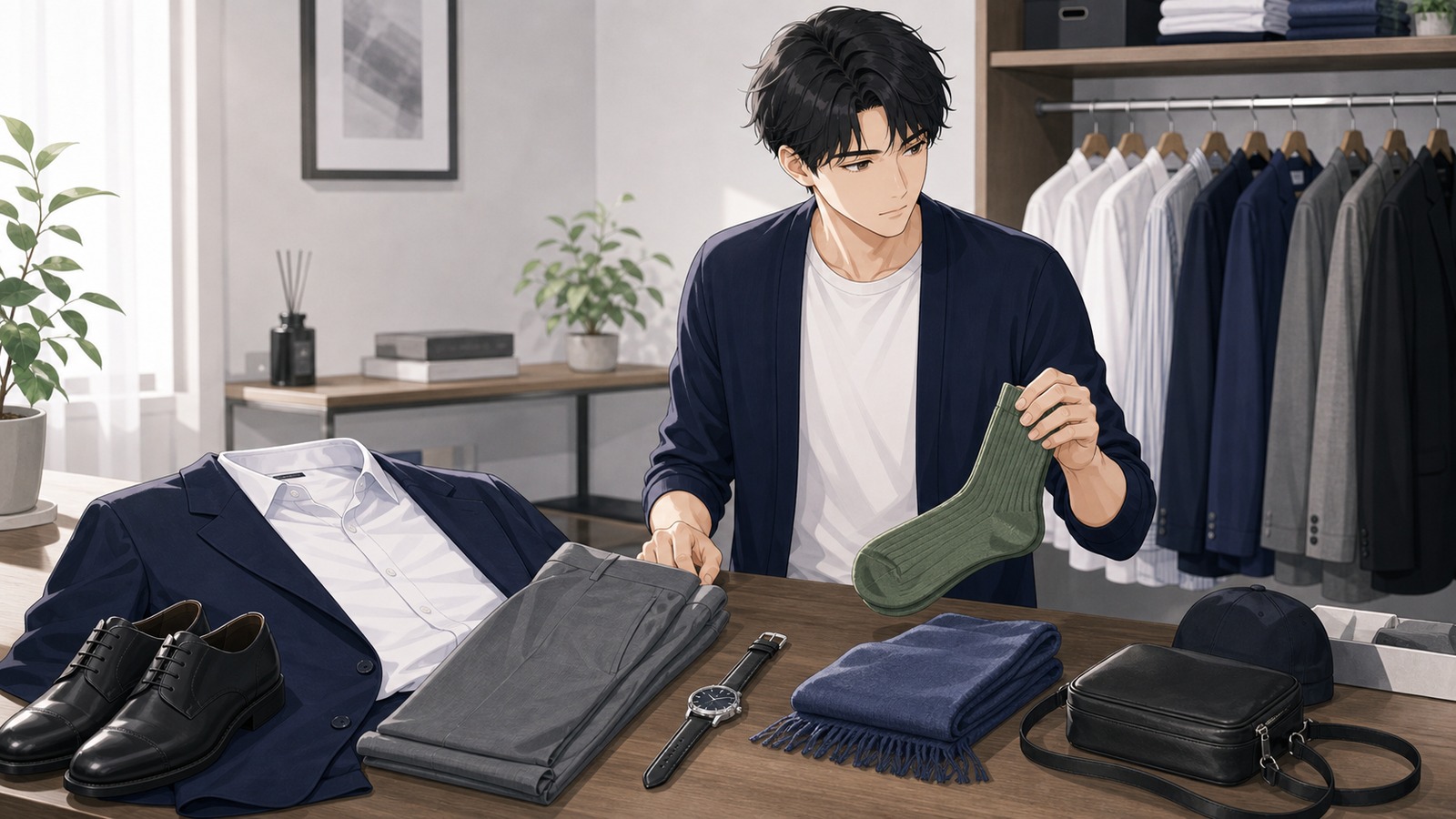 小物やインナーで差し色を少しだけ選ぶ男性のイラスト