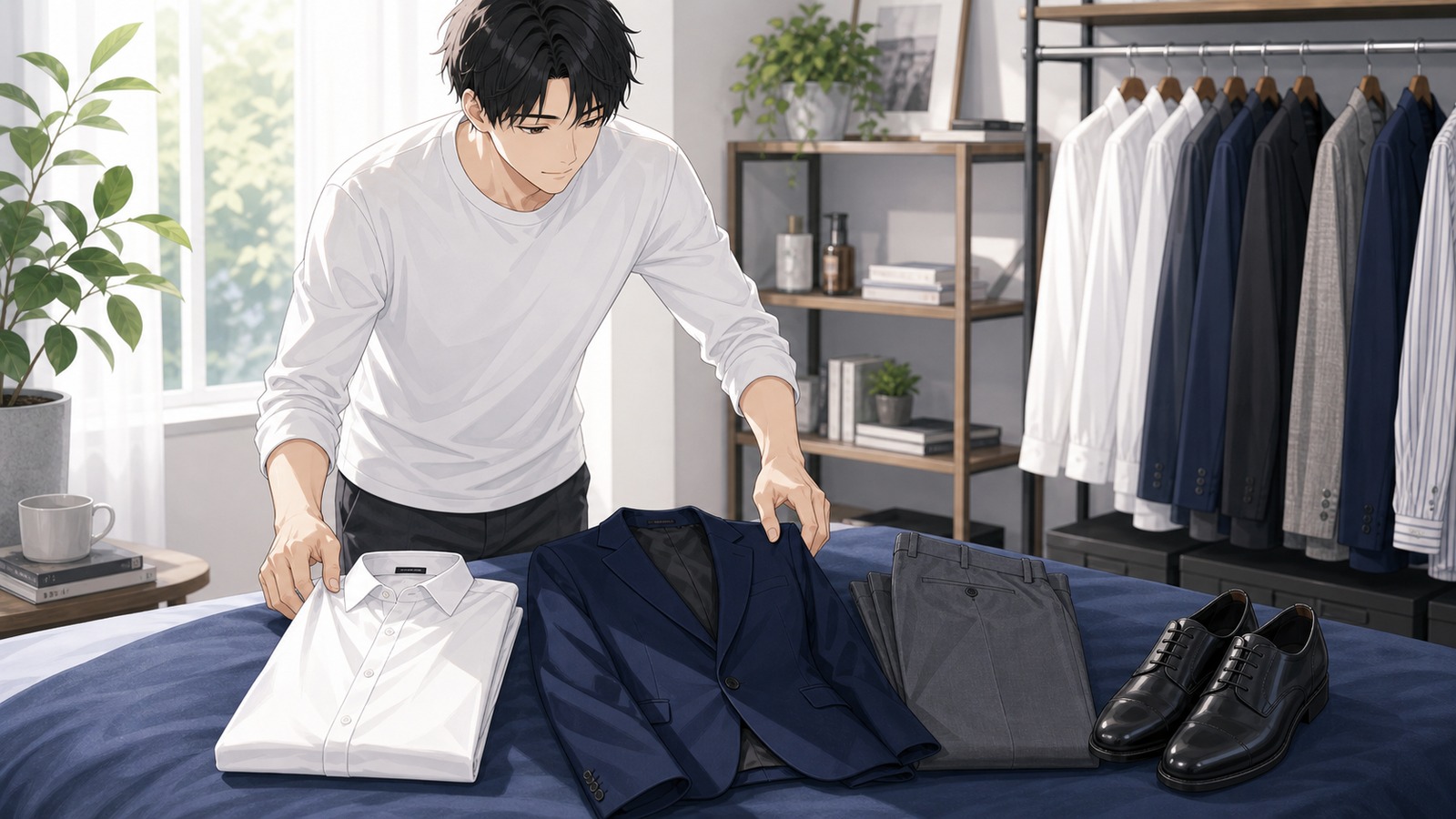 白、ネイビー、グレーの服を並べて基本色を確認する男性のイラスト