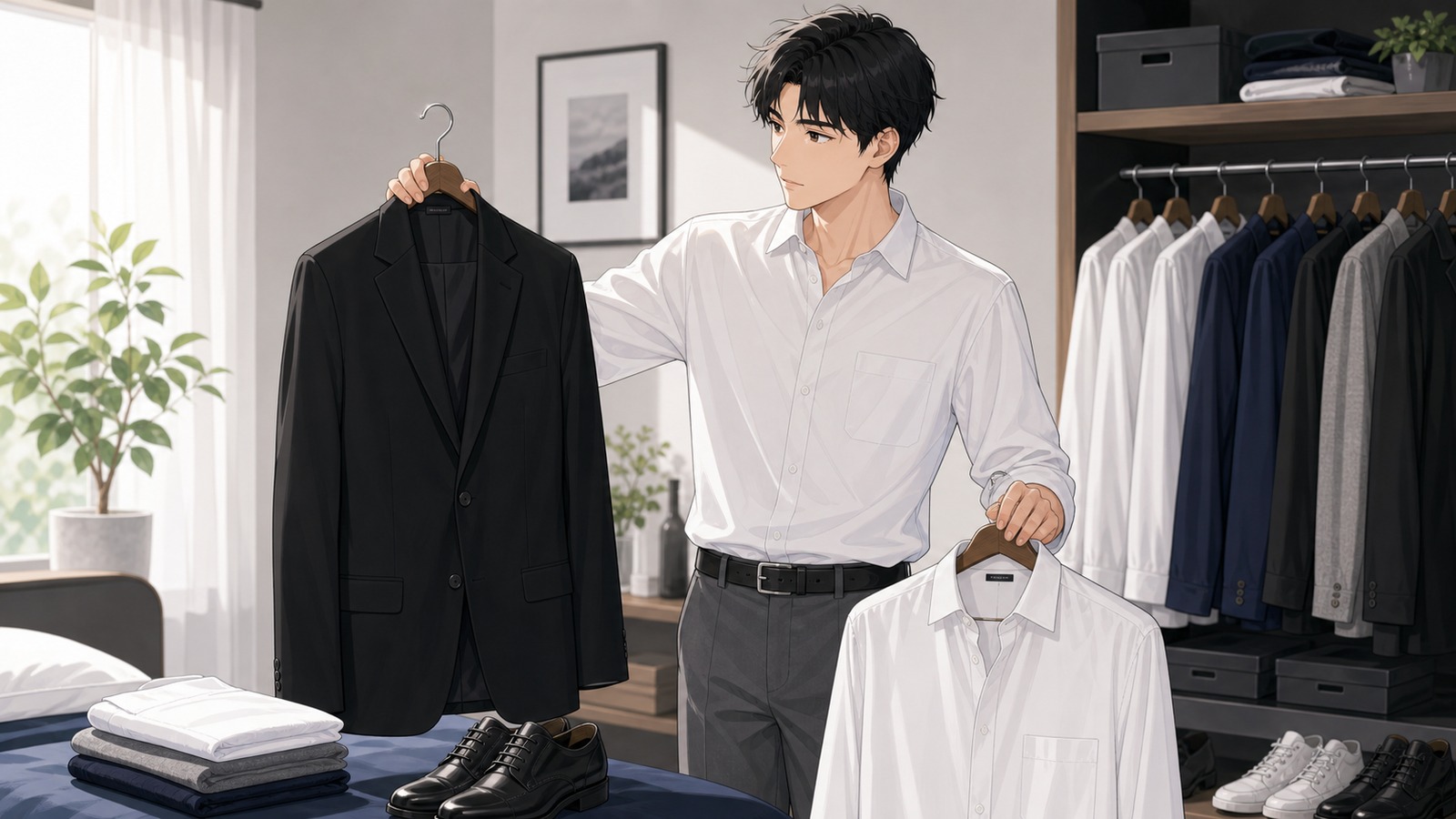 黒い服を重く見せないよう白シャツと合わせて確認する男性のイラスト