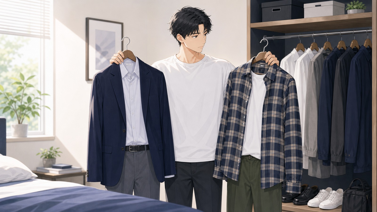 服の色合わせで清潔感の印象が変わることを示す男性のイラスト