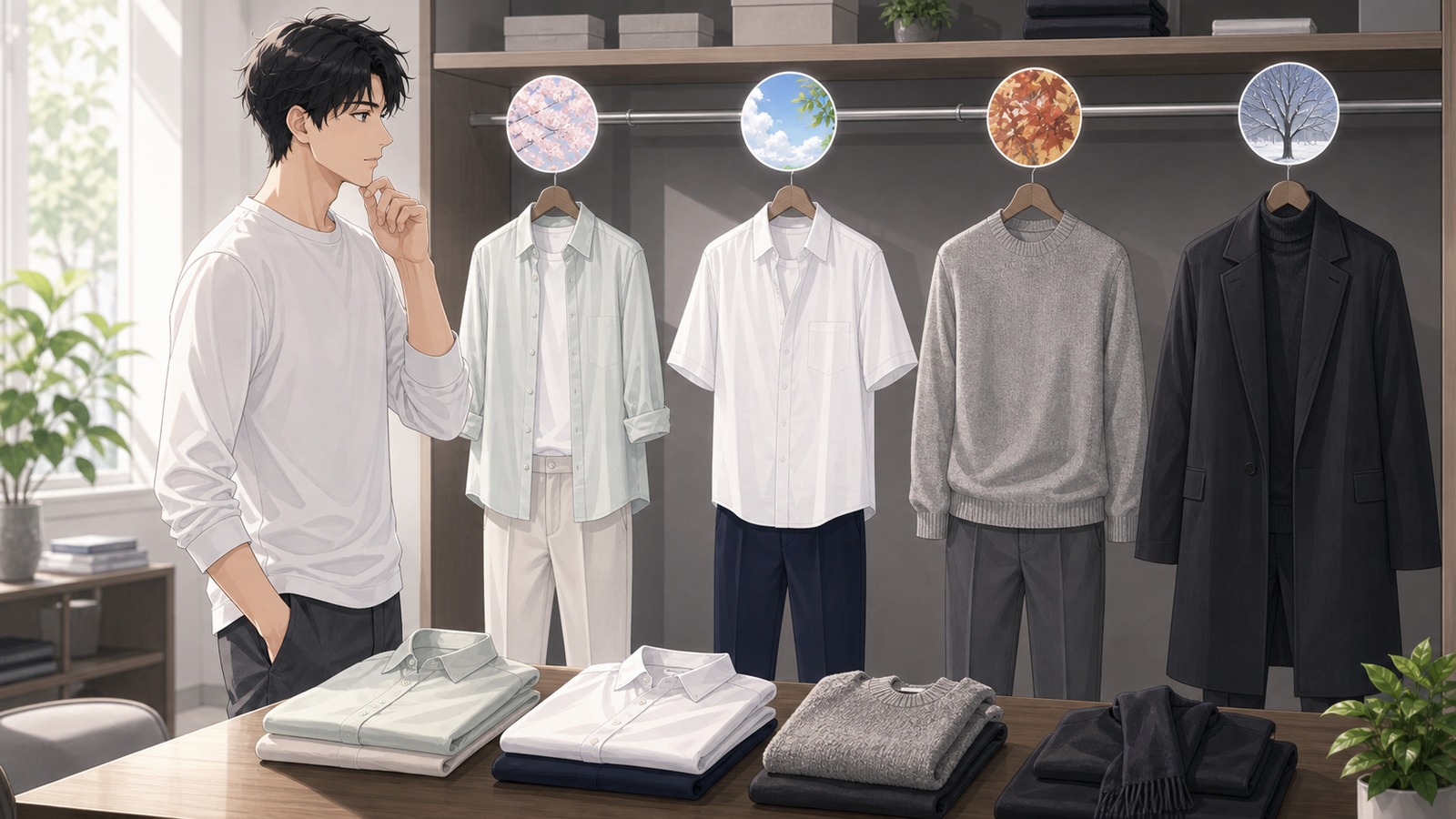 季節に合わせて服の明るさと素材を確認する男性のイラスト