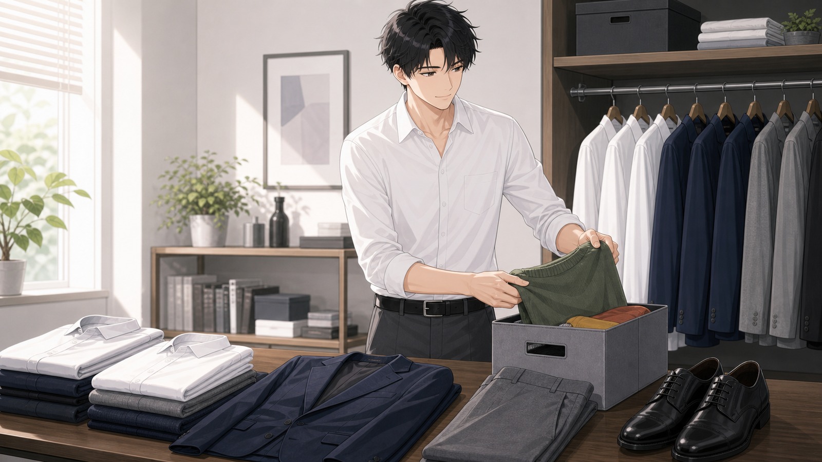 白、ネイビー、グレーを中心に余計な色を減らす男性のイラスト