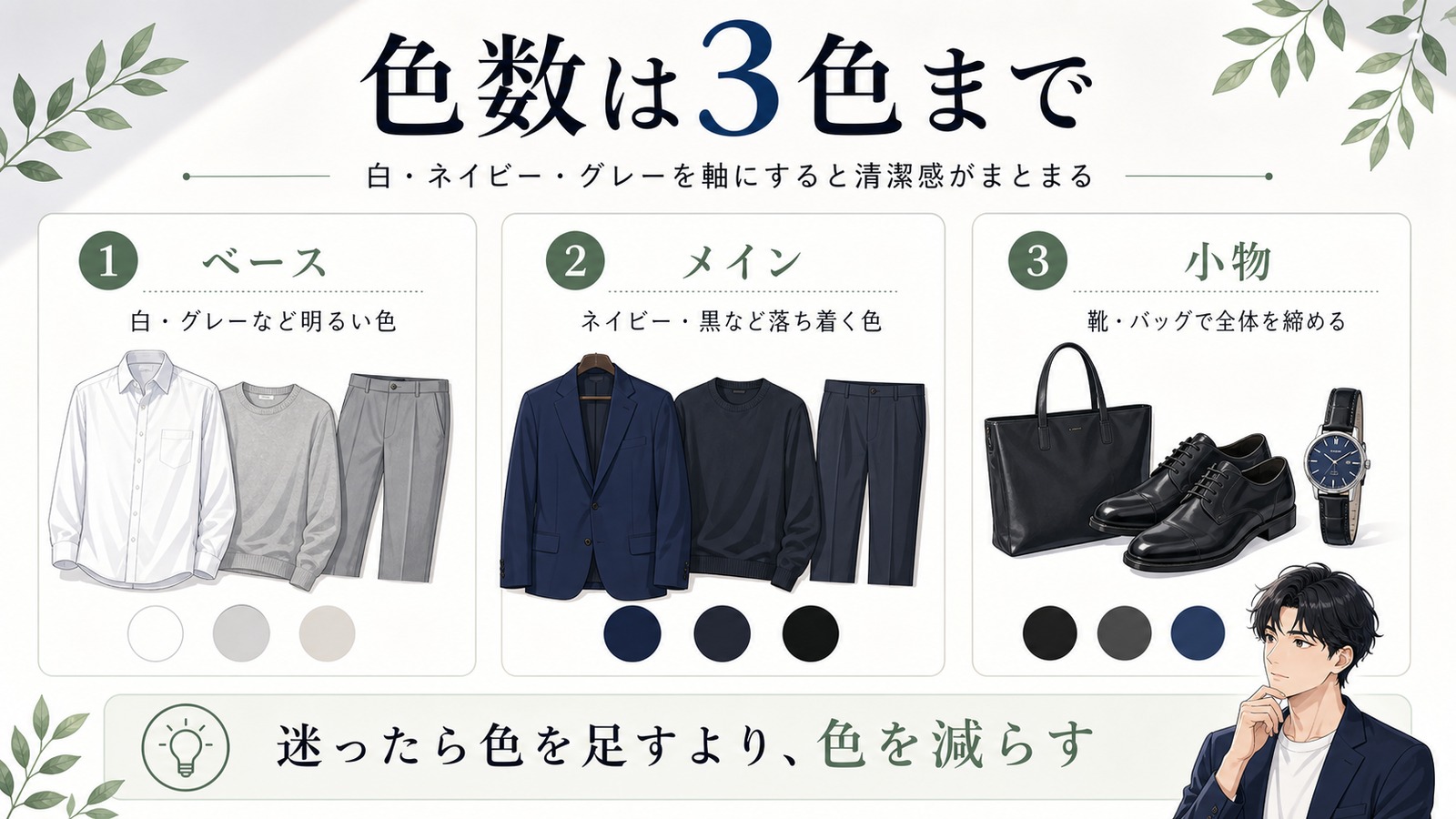メンズ服の色数は3色までを説明する日本語図解