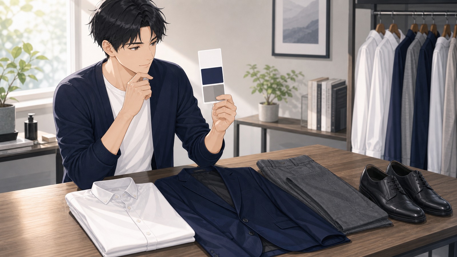 3色以内で服をまとめるために色見本を見る男性のイラスト