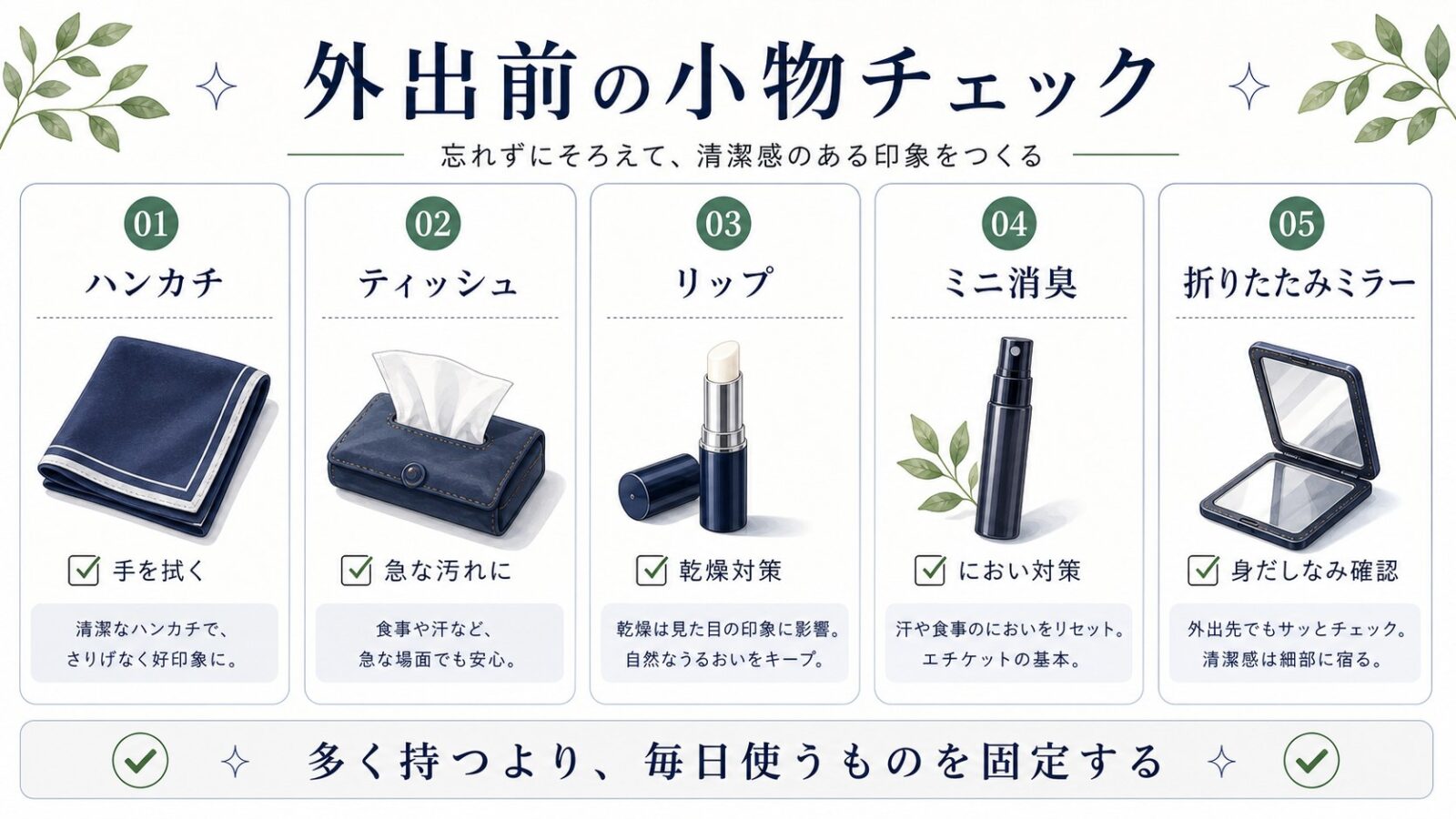 ハンカチ、ティッシュ、リップなど外出前の身だしなみ小物をまとめた日本語図解