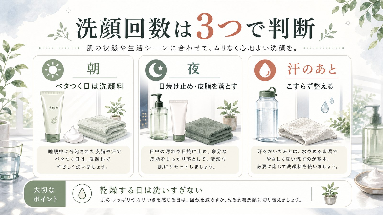 洗顔回数を朝夜汗のあとで判断する日本語図解