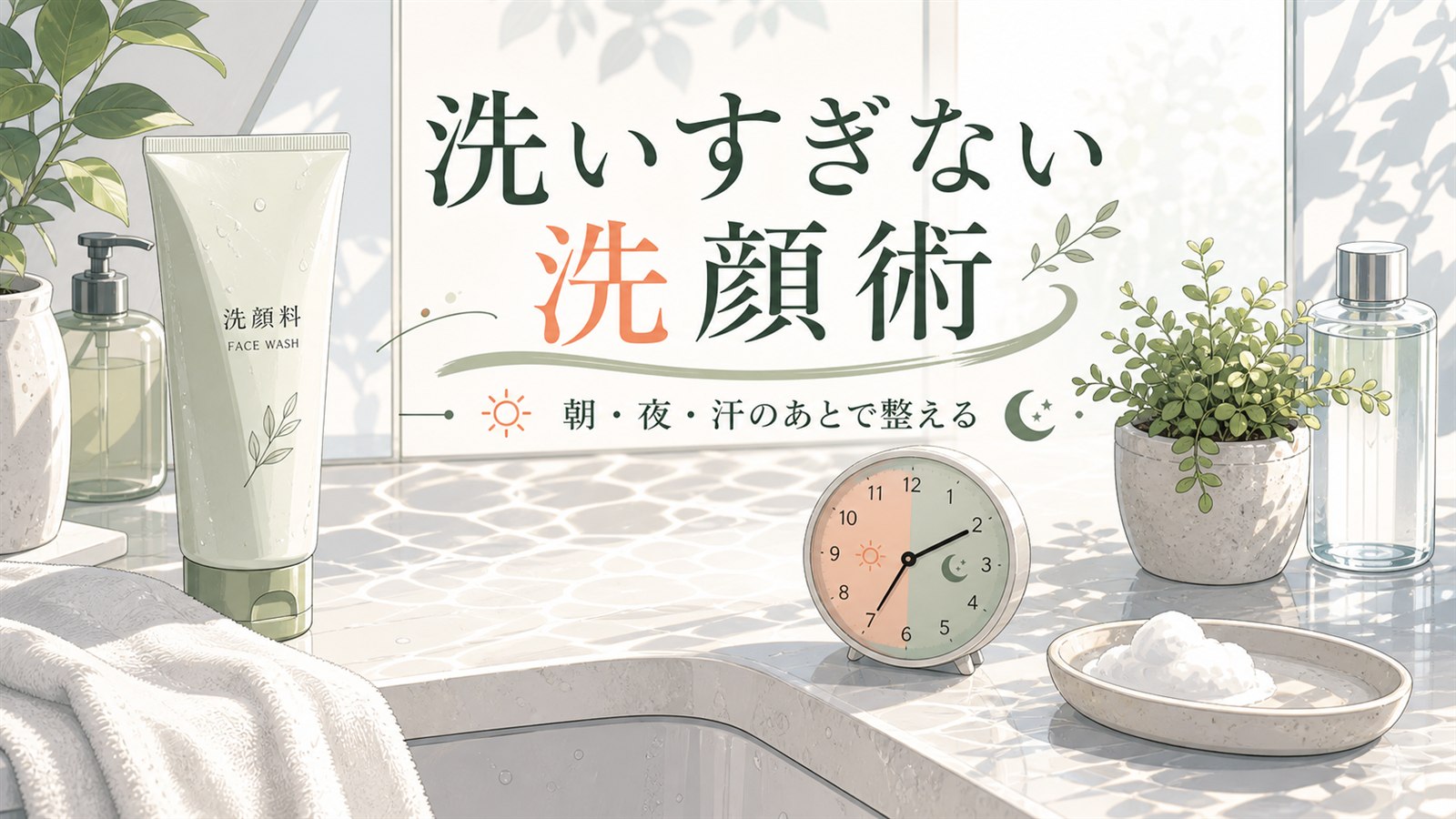 洗顔料や時計を並べたメンズ洗顔回数の記事アイキャッチイラスト