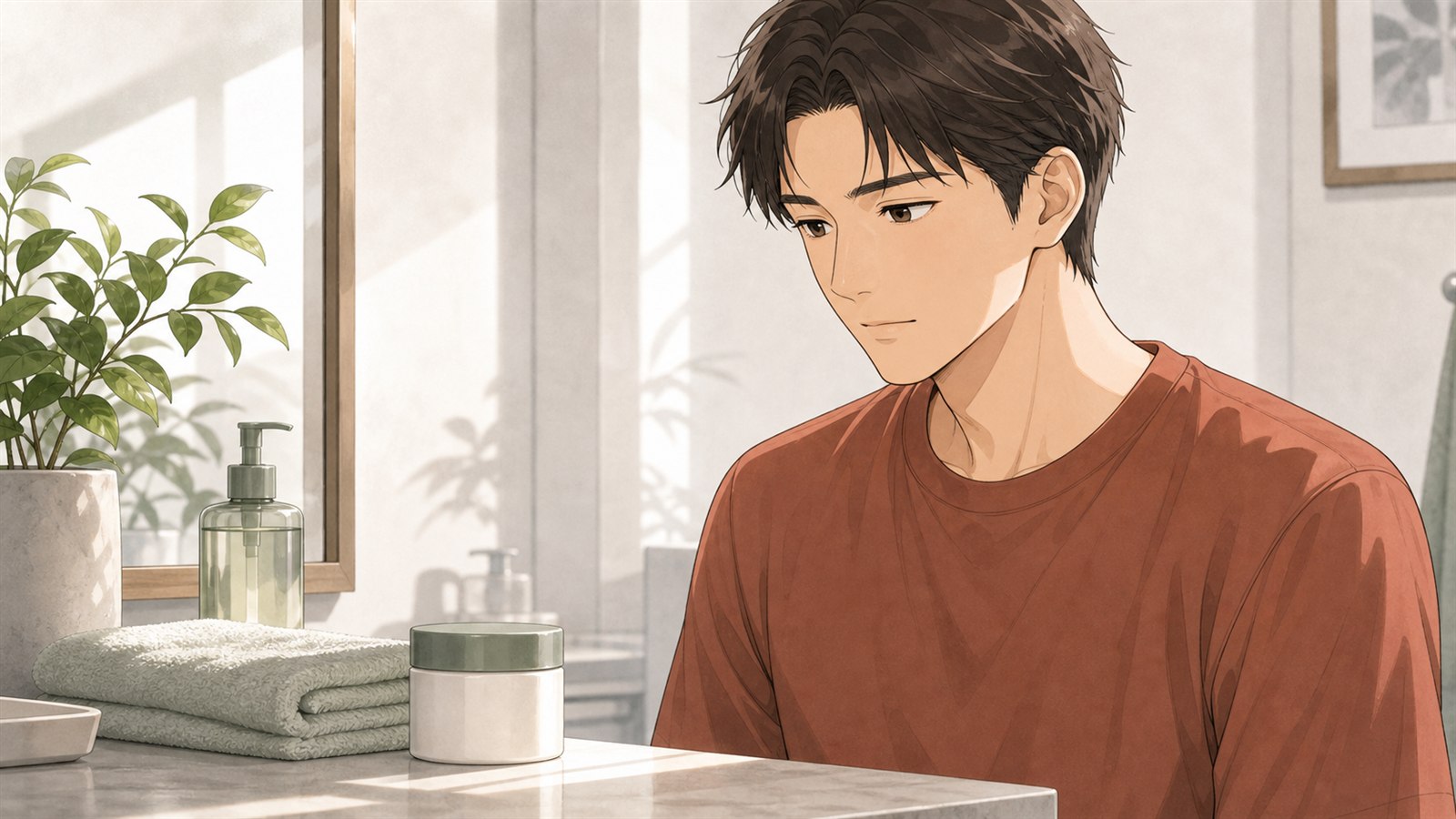 洗いすぎによる乾燥やつっぱりを考える男性のイラスト