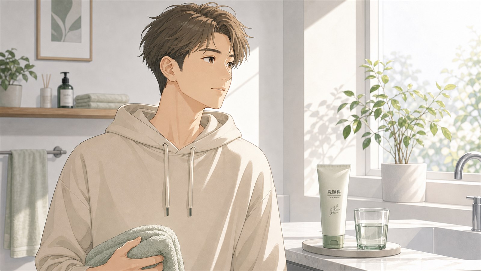 朝夜と汗のあとで洗顔回数を考える男性向けイラスト
