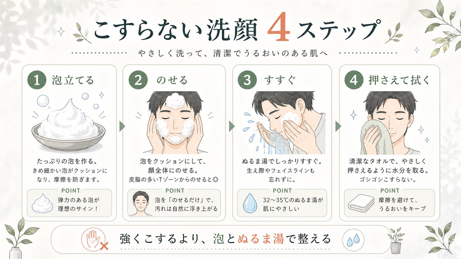 こすらない洗顔の4ステップをまとめた日本語図解