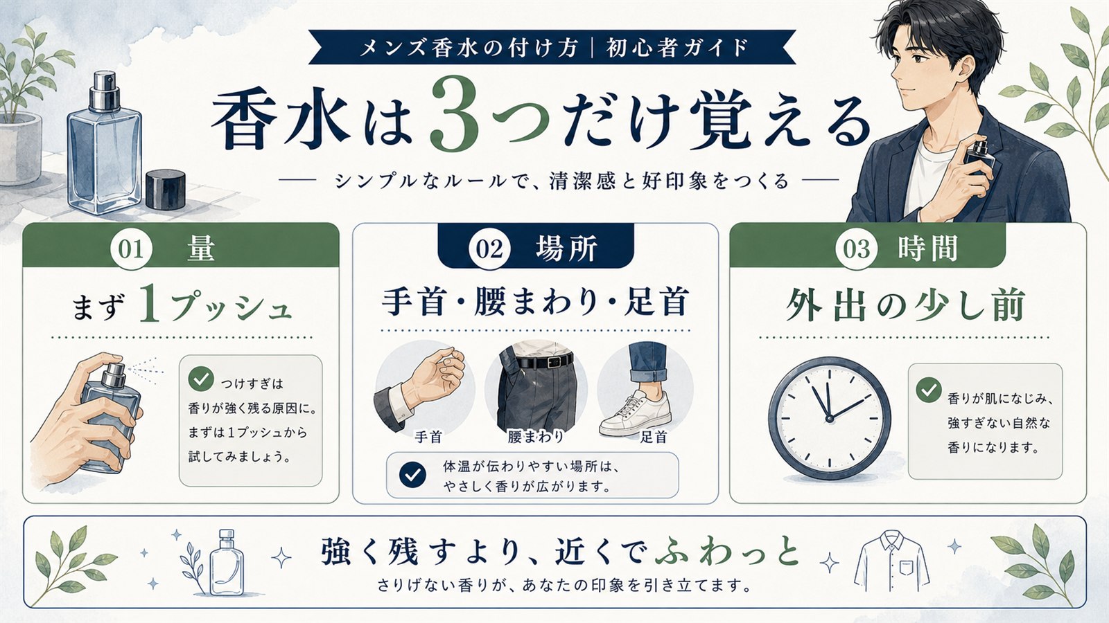 メンズ香水の付け方を量と場所と時間で整理した初心者向け図解
